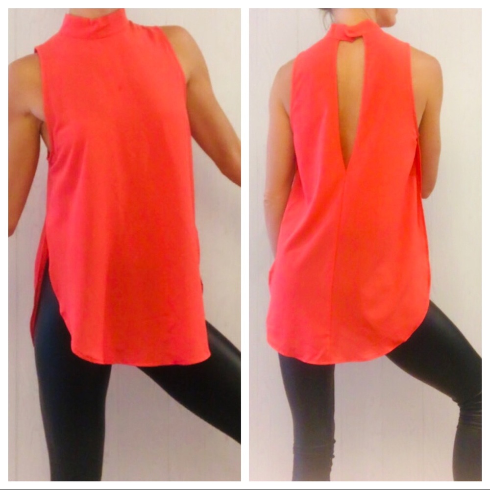 🎐Paper Crane sheer coral red tunic w/open back